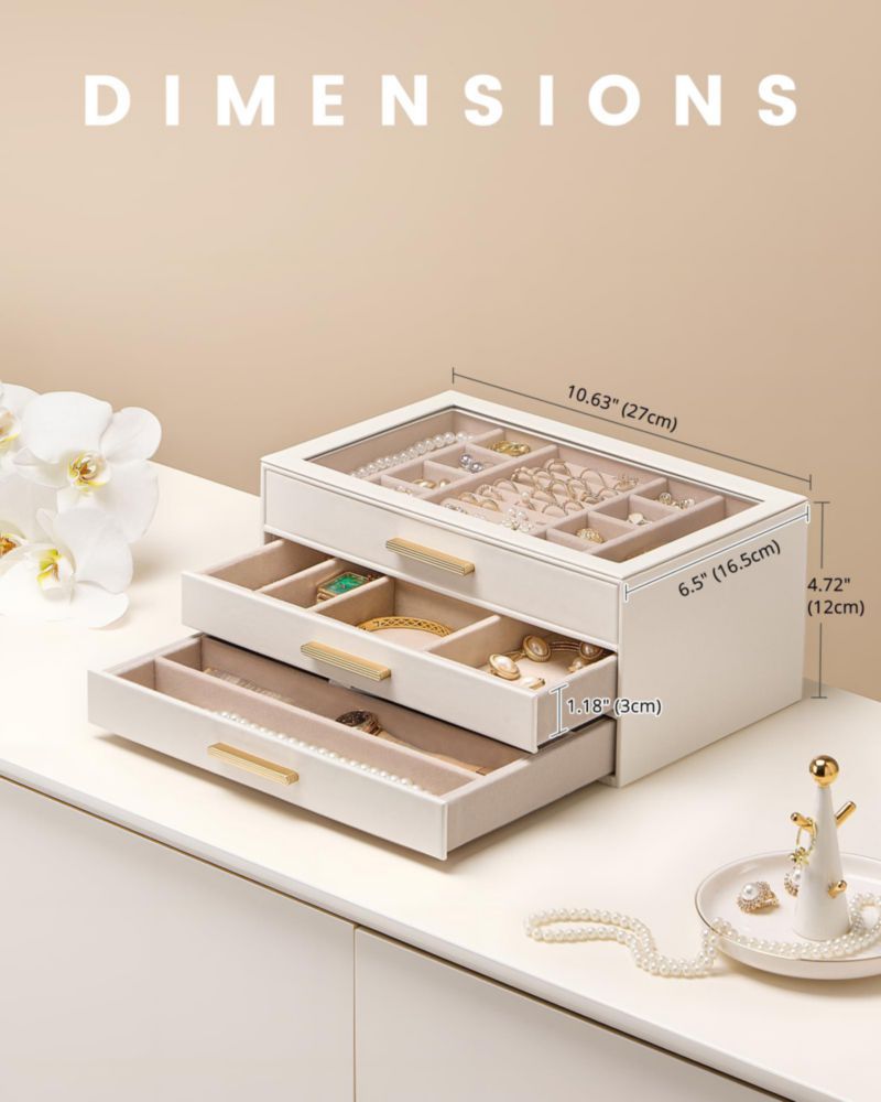 Caja de Joyas Lolalet Organizador de 3 Niveles con Tapa de Vidrio