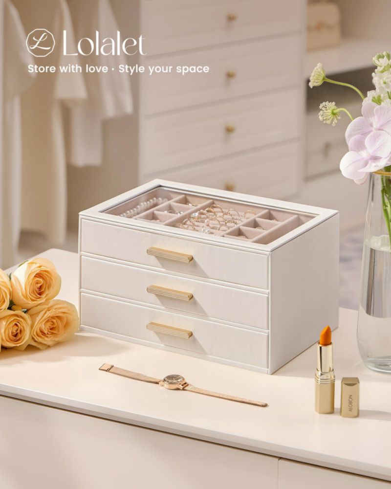 Caja de Joyas Lolalet Organizador de 3 Niveles con Tapa de Vidrio