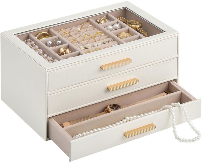 Caja de Joyas Lolalet Organizador de 3 Niveles con Tapa de Vidrio