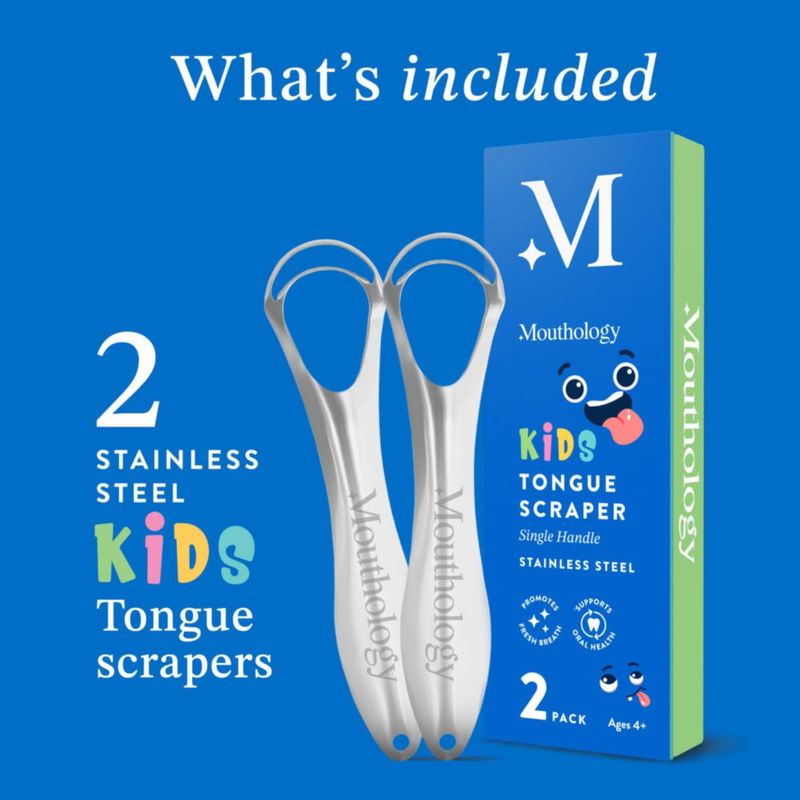 Raspador de lengua Mouthology para niños – Pack de 2 de acero inoxidable