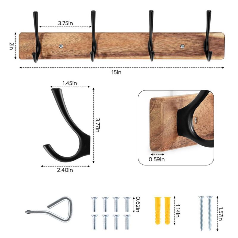 Perchero Yangbaga de 38 cm de madera de acacia con 4 ganchos resistentes