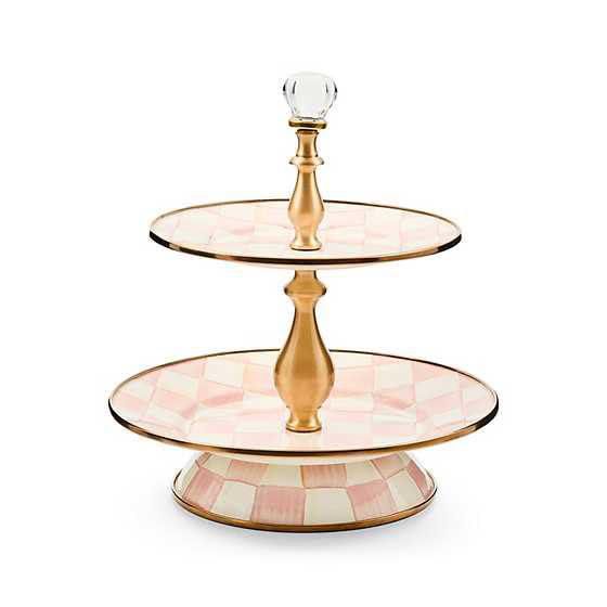 Bandeja Mackenzie-Childs de 2 niveles con patrón a cuadros rosado rosa y blanco