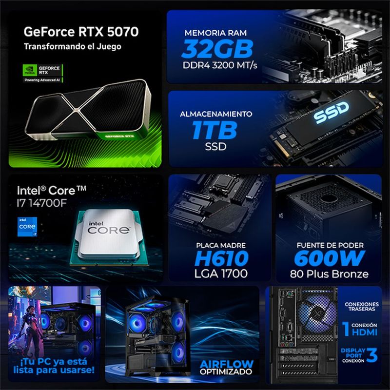 Xtreme pc gaming rtx 5070 core i7 32gb ssd 1tb wifi black