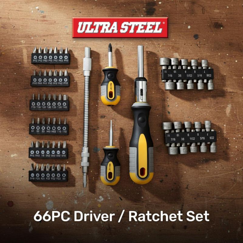 Juego de Destornilladores Ultra Steel 66 piezas con carraca y brocas