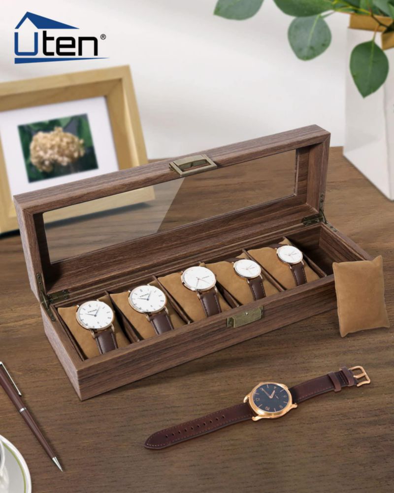 Caja para Relojes Uten de 6 Ranuras con Tapa de Cristal y Acabado de Madera