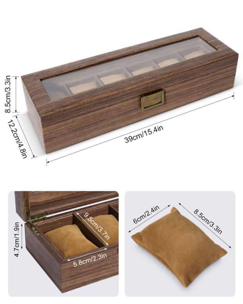 Caja para Relojes Uten de 6 Ranuras con Tapa de Cristal y Acabado de Madera