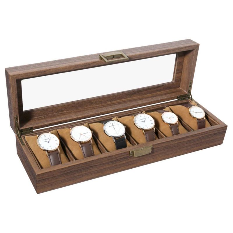 Caja para Relojes Uten de 6 Ranuras con Tapa de Cristal y Acabado de Madera