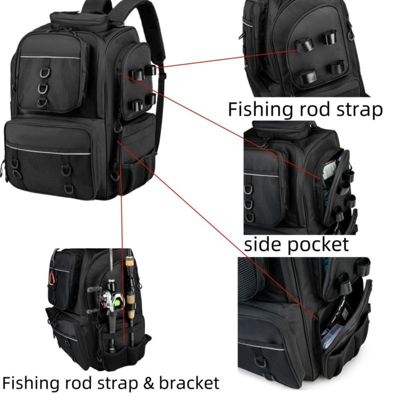 Mochila de pesca WANOON 43 × 23 × 30 cm con compartimentos para cajas de aparejo