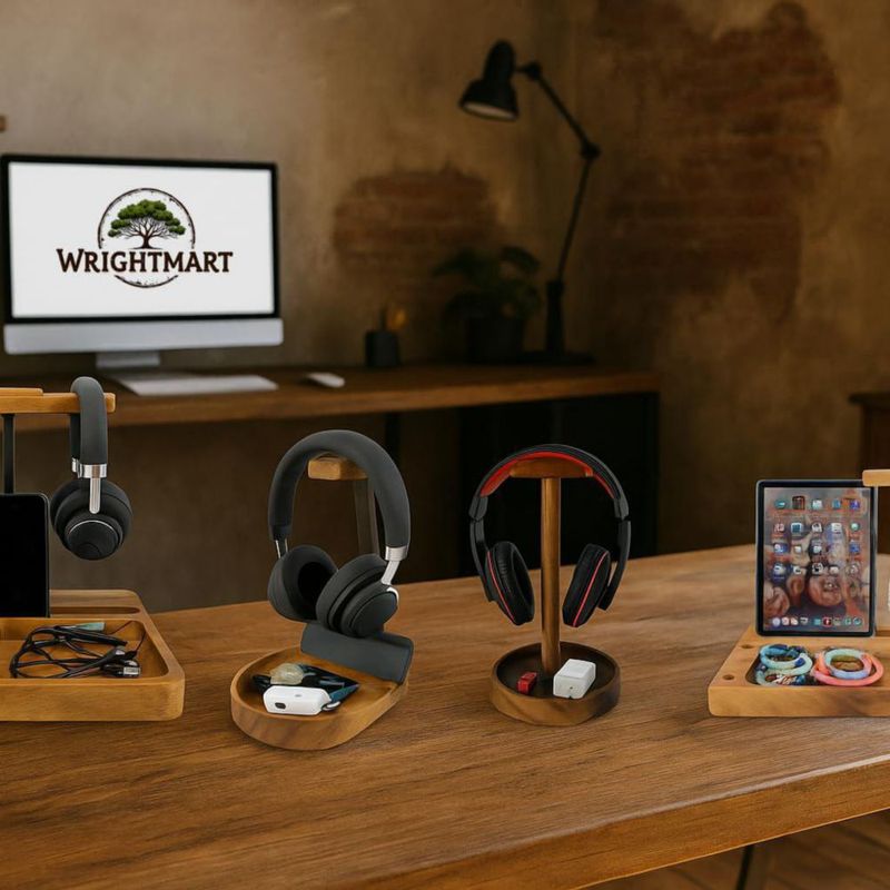 Soporte para auriculares WRIGHTMART de madera de acacia con bandeja