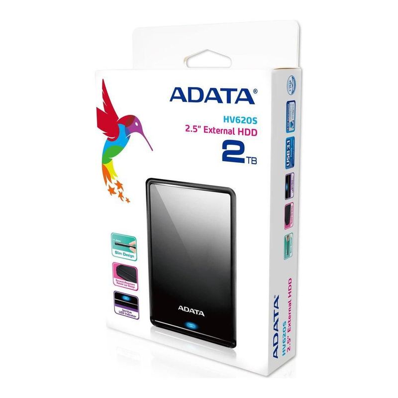 Disco Duro Externo Adata HV620S 2TB Portátil 2.5 Pulgadas, USB 3.2, Windows, Mac y Linux, DashDrive, Slim, Negro, AHV620S-2TU31-CBK