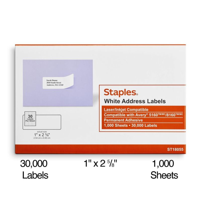 Etiquetas de dirección Staples 25 cm x 67 cm blancas 30 etiquetas/hoja
