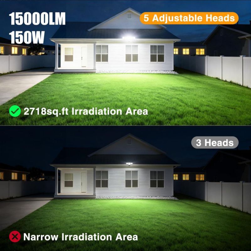 Foco de inundación Onforu 150 W 15000 lm Dusk‑to‑Dawn de 5 cabezales