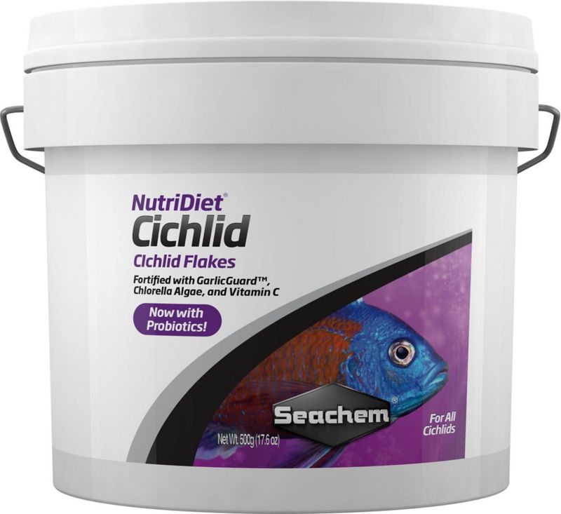 Copos de alimento para peces Seachem NutriDiet Ciclídeo 500 g con probióticos