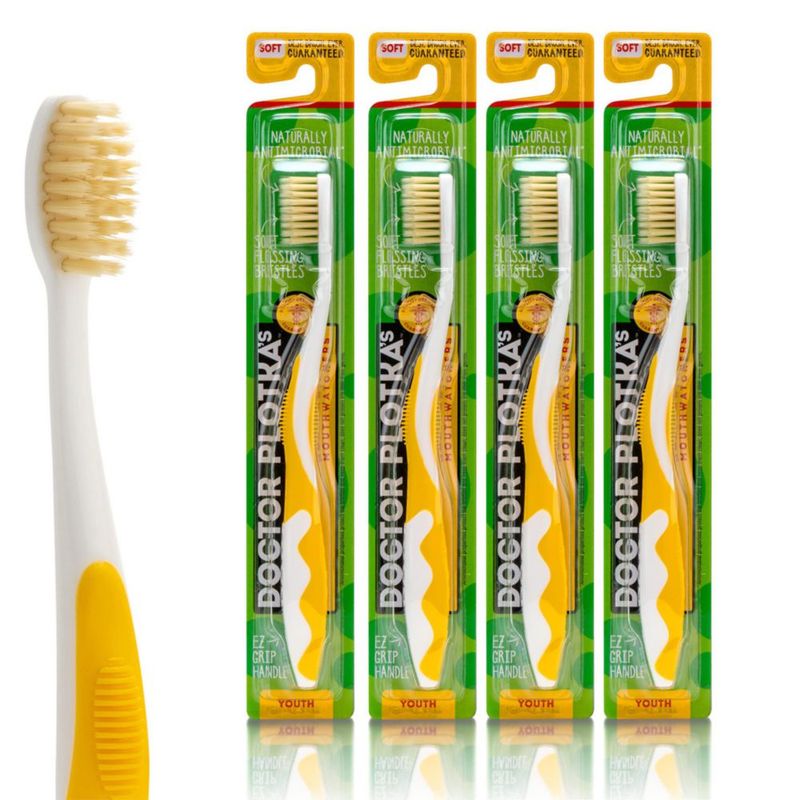 Cepillo de dientes MOUTHWATCHERS suave con hilo dental para niños paquete de 4 amarillo