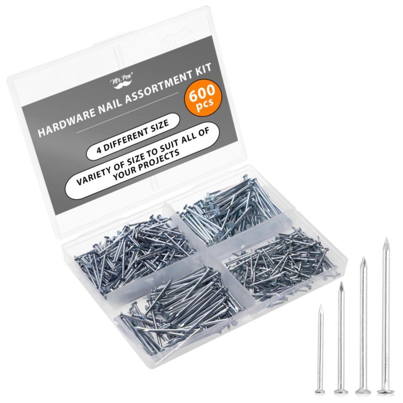 Kit surtido de clavos Mr. Pen de 600 piezas 4 tamaños color plata