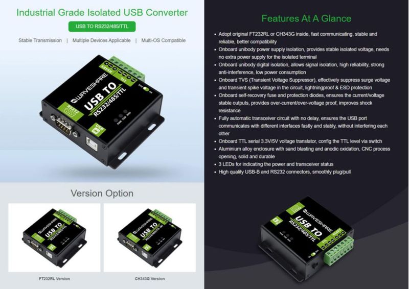 Adaptador USB a RS232/RS485/TTL de Waveshare