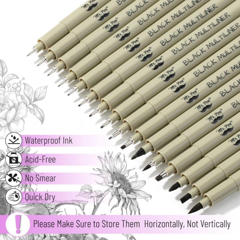 Plumas de Dibujo Mr. Pen 16 tamaños tinta negra impermeable
