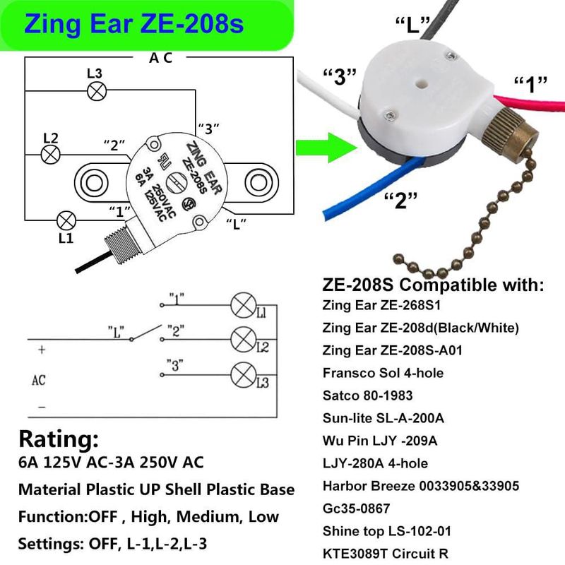Interruptor para Ventilador de Techo PaeorRorL ZE-208s 3 Velocidades 4 Cables
