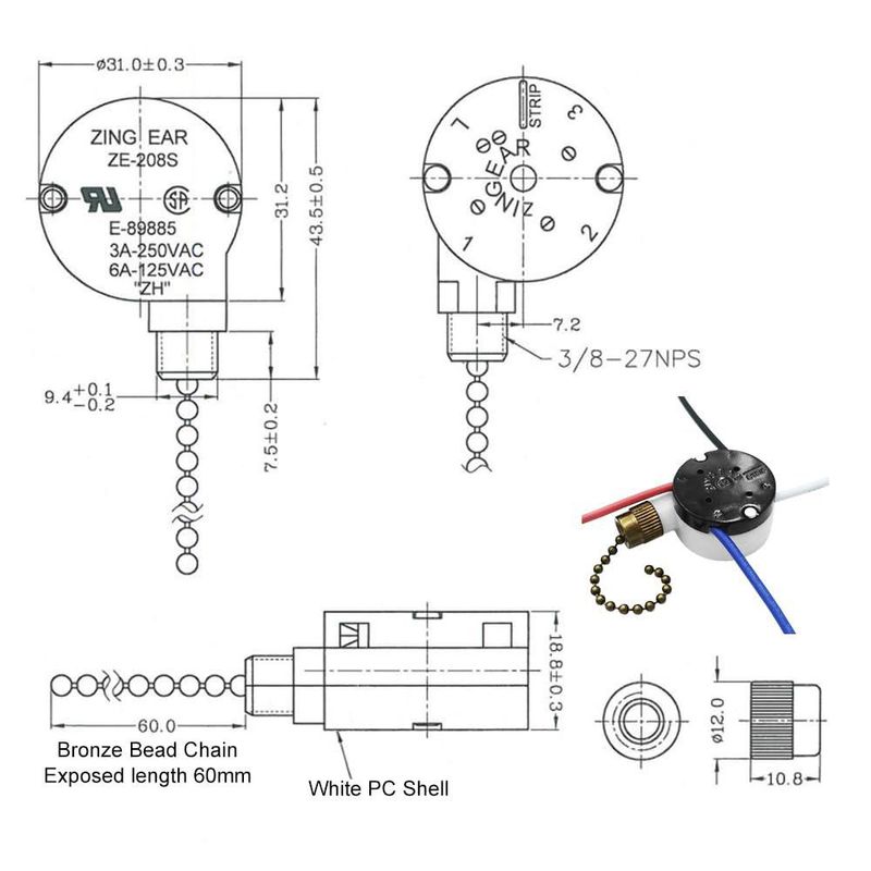 Interruptor para Ventilador de Techo PaeorRorL ZE-208s 3 Velocidades 4 Cables