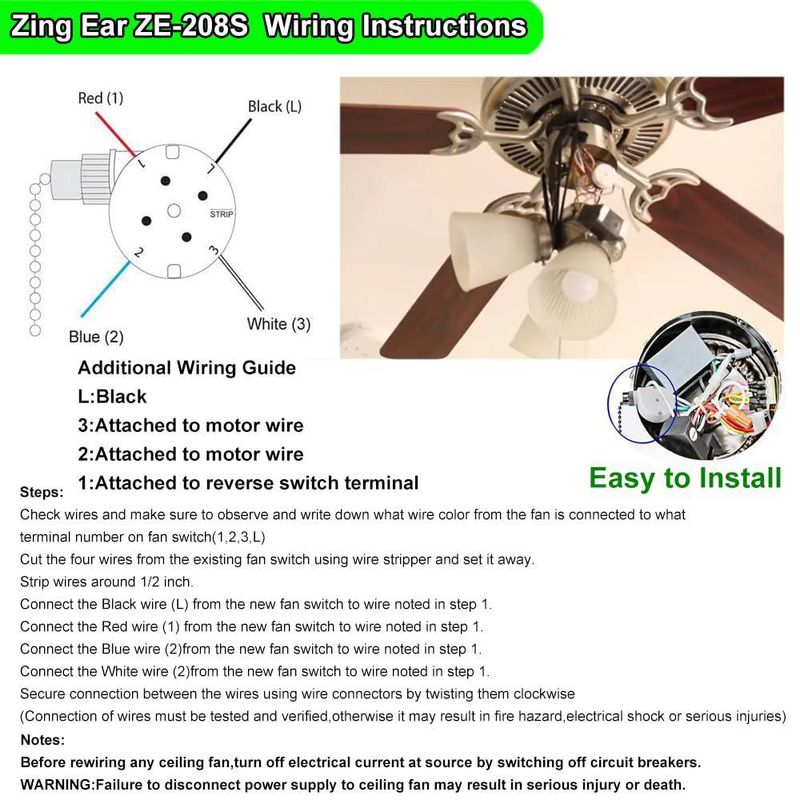 Interruptor para Ventilador de Techo PaeorRorL ZE-208s 3 Velocidades 4 Cables