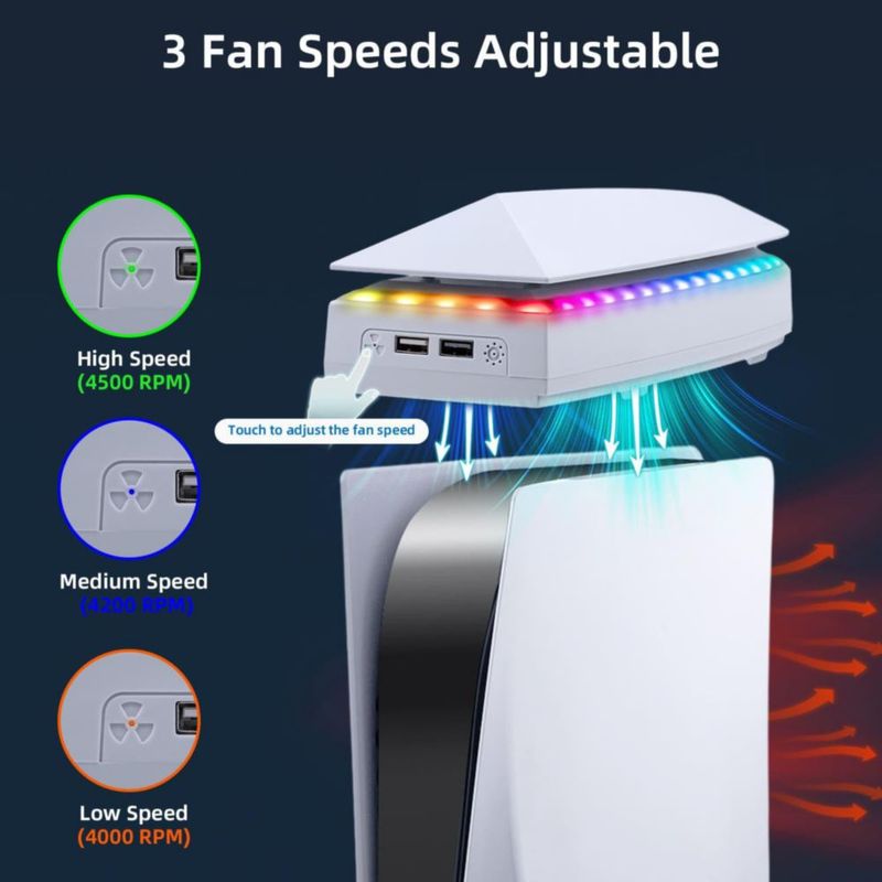Ventilador de enfriamiento Mcbazel para PS5 con luz RGB y cubierta antipolvo puertos USB