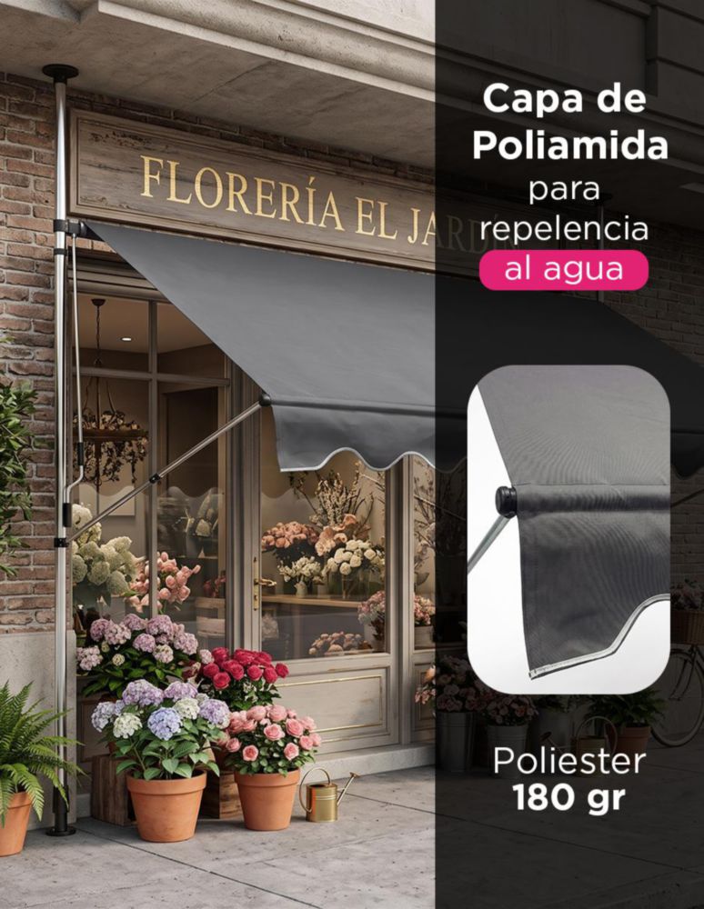 MARQUESINA RETRÁCTIL DE 3 METROS MAINE COLOR GRIS, PARA EXTERIOR AJUSTABLE ,CON SOPORTE VERTICAL A PRESIÓN, REPELENTE AL AGUA