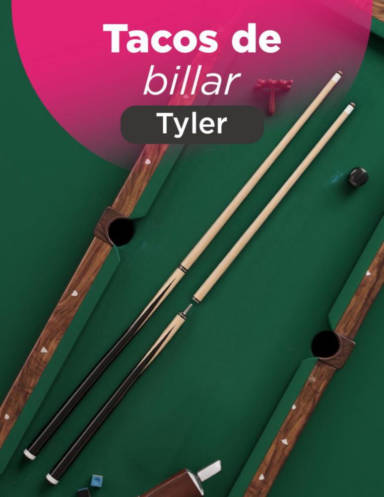 TACO DE BILLAR TYLER NEGRO DESARMABLE 145 CM. DOS PIEZAS CON CONEXIÓN INVISIBLE DE TORNILLO METÁLICO, GOLPE DE PRECISIÓN Y BASE DE GOMA.