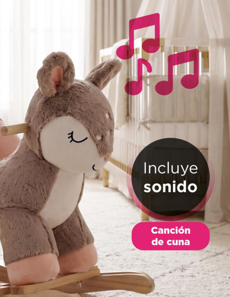 CIERVO BALANCÍN DEERLY BEIGE. MECEDOR DE PELUCHE CON MÚSICA DE CUNA, ASIENTO ACOLCHADO SEGURO Y BASE DE MADERA DE ALTA DENSIDAD. SOPORTA 30 KG
