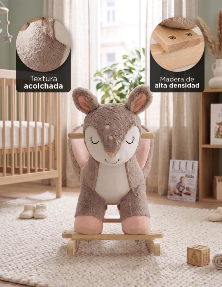 CIERVO BALANCÍN DEERLY BEIGE. MECEDOR DE PELUCHE CON MÚSICA DE CUNA, ASIENTO ACOLCHADO SEGURO Y BASE DE MADERA DE ALTA DENSIDAD. SOPORTA 30 KG