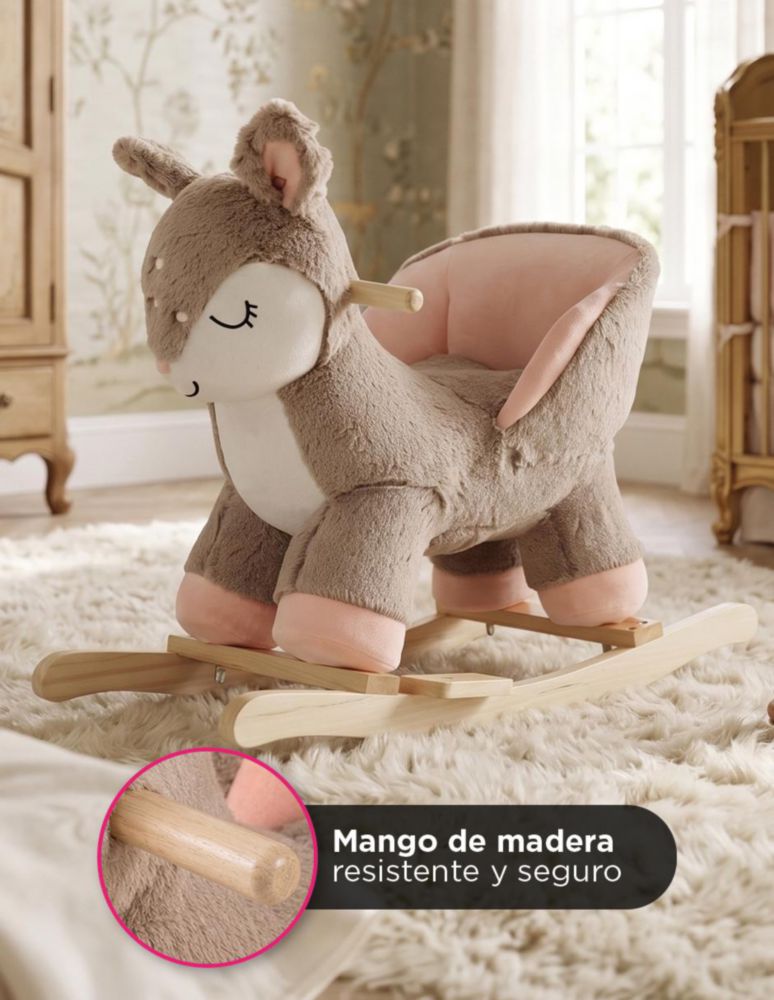 CIERVO BALANCÍN DEERLY BEIGE. MECEDOR DE PELUCHE CON MÚSICA DE CUNA, ASIENTO ACOLCHADO SEGURO Y BASE DE MADERA DE ALTA DENSIDAD. SOPORTA 30 KG
