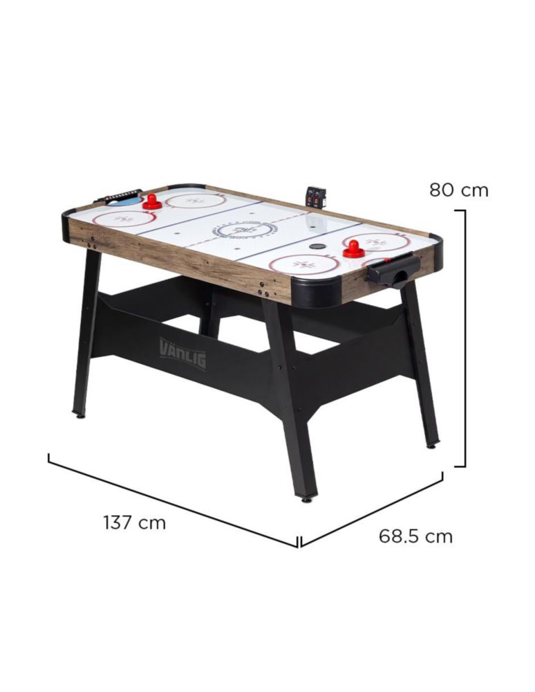 MESA DE HOCKEY DE AIRE CROSBY BLANCO VÄNLIG. MESA DE JUEGO DE 137 CM EN MADERA DE INGENIERÍA CON MARCADOR LED ELECTRÓNICO Y PATAS AJUSTABLES