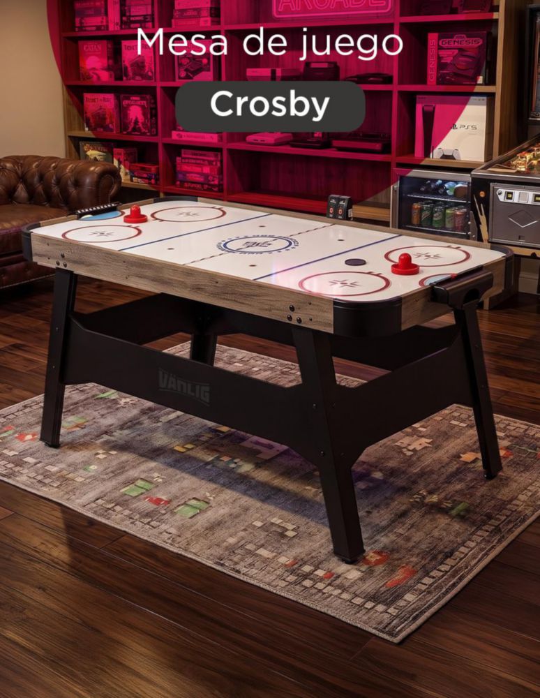 MESA DE HOCKEY DE AIRE CROSBY BLANCO VÄNLIG. MESA DE JUEGO DE 137 CM EN MADERA DE INGENIERÍA CON MARCADOR LED ELECTRÓNICO Y PATAS AJUSTABLES