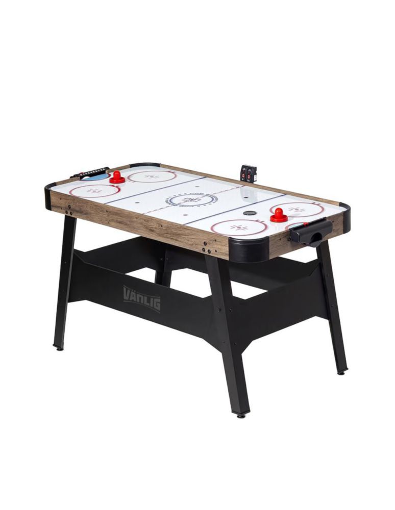 MESA DE HOCKEY DE AIRE CROSBY BLANCO VÄNLIG. MESA DE JUEGO DE 137 CM EN MADERA DE INGENIERÍA CON MARCADOR LED ELECTRÓNICO Y PATAS AJUSTABLES