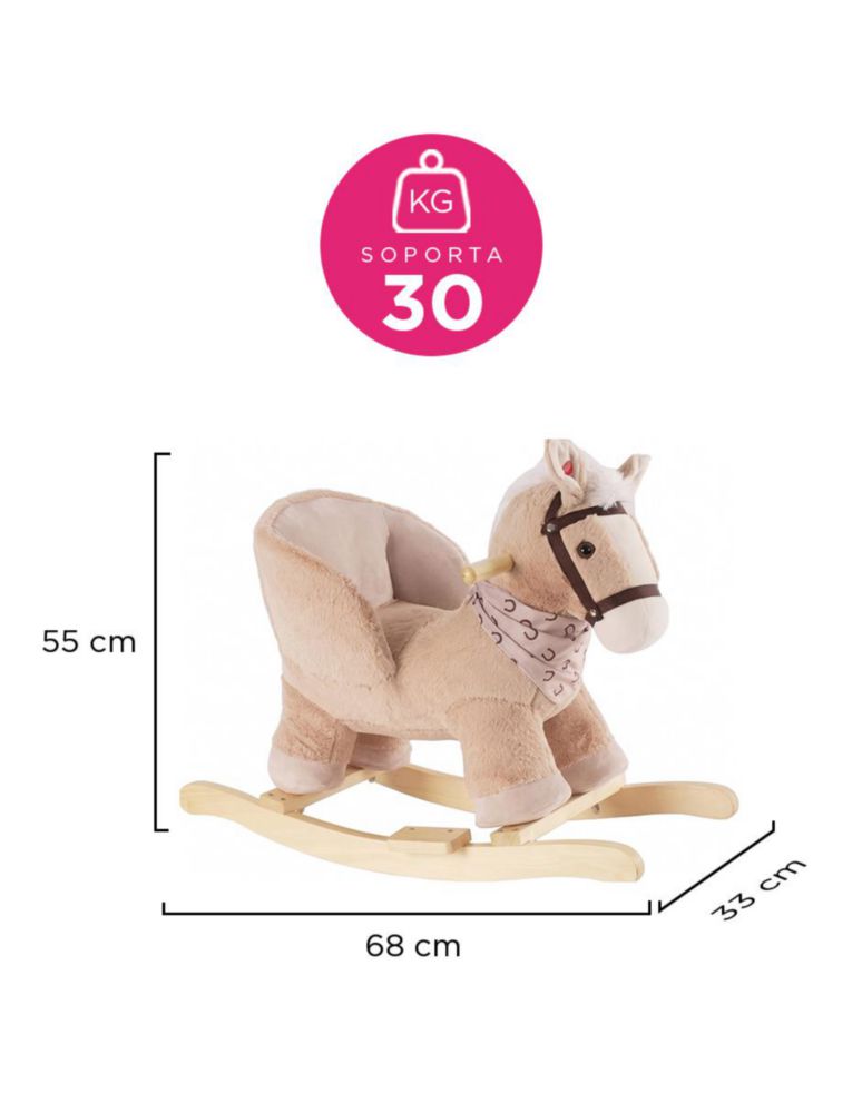 CABALLO BALANCÍN TOFFEE MARRÓN. MECEDOR DE PELUCHE CON SONIDO DE RELINCHIDO, ASIENTO PREVENTIVO REFORZADO Y BASE DE MADERA. SOPORTA HASTA 30 KG
