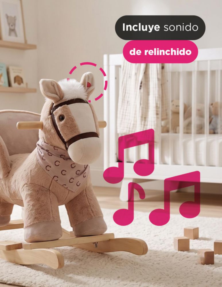 CABALLO BALANCÍN TOFFEE MARRÓN. MECEDOR DE PELUCHE CON SONIDO DE RELINCHIDO, ASIENTO PREVENTIVO REFORZADO Y BASE DE MADERA. SOPORTA HASTA 30 KG