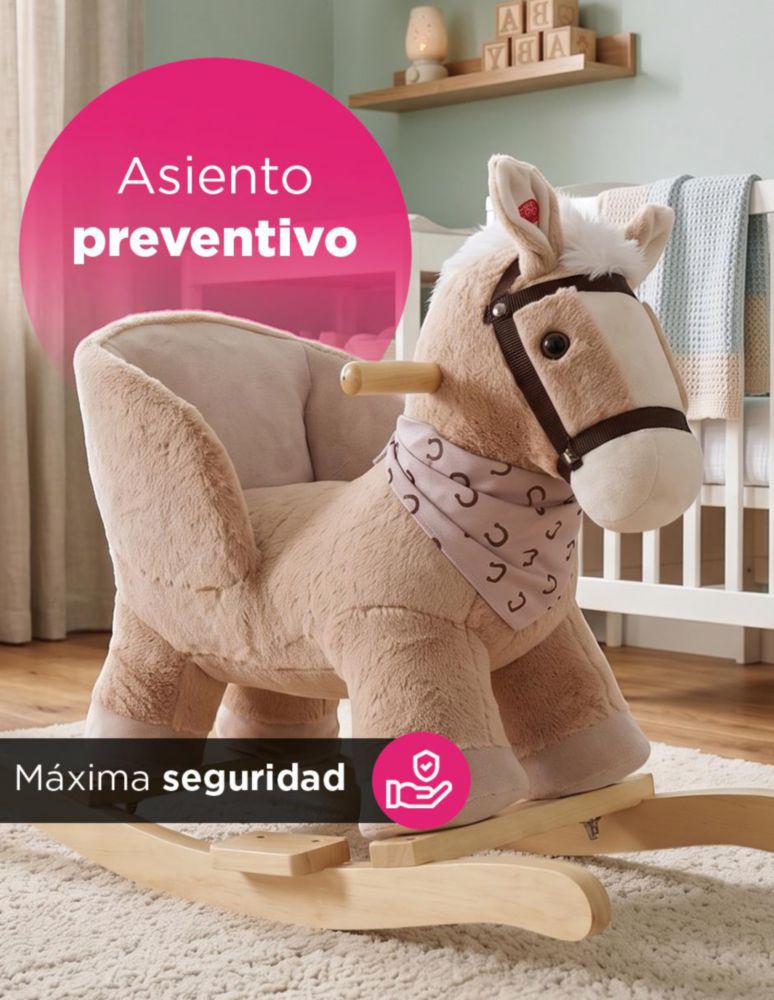 CABALLO BALANCÍN TOFFEE MARRÓN. MECEDOR DE PELUCHE CON SONIDO DE RELINCHIDO, ASIENTO PREVENTIVO REFORZADO Y BASE DE MADERA. SOPORTA HASTA 30 KG