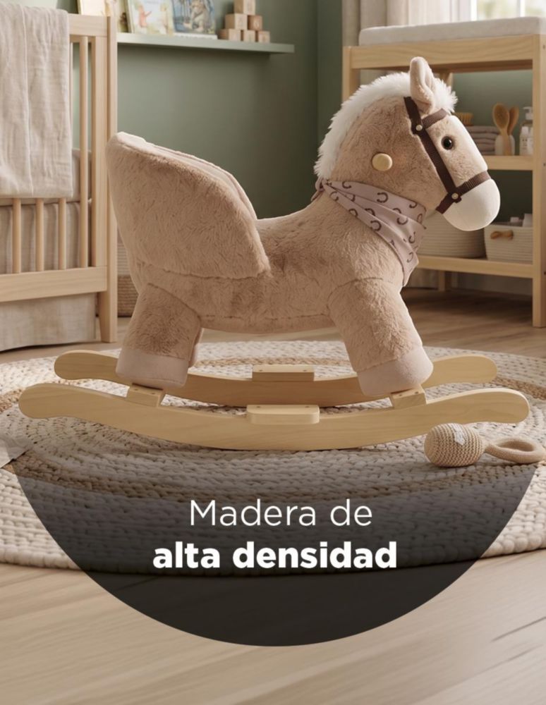 CABALLO BALANCÍN TOFFEE MARRÓN. MECEDOR DE PELUCHE CON SONIDO DE RELINCHIDO, ASIENTO PREVENTIVO REFORZADO Y BASE DE MADERA. SOPORTA HASTA 30 KG
