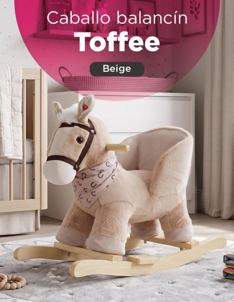 CABALLO BALANCÍN TOFFEE MARRÓN. MECEDOR DE PELUCHE CON SONIDO DE RELINCHIDO, ASIENTO PREVENTIVO REFORZADO Y BASE DE MADERA. SOPORTA HASTA 30 KG