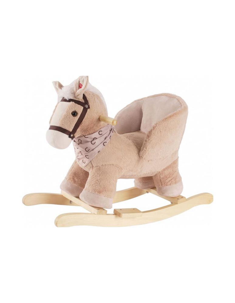 CABALLO BALANCÍN TOFFEE MARRÓN. MECEDOR DE PELUCHE CON SONIDO DE RELINCHIDO, ASIENTO PREVENTIVO REFORZADO Y BASE DE MADERA. SOPORTA HASTA 30 KG