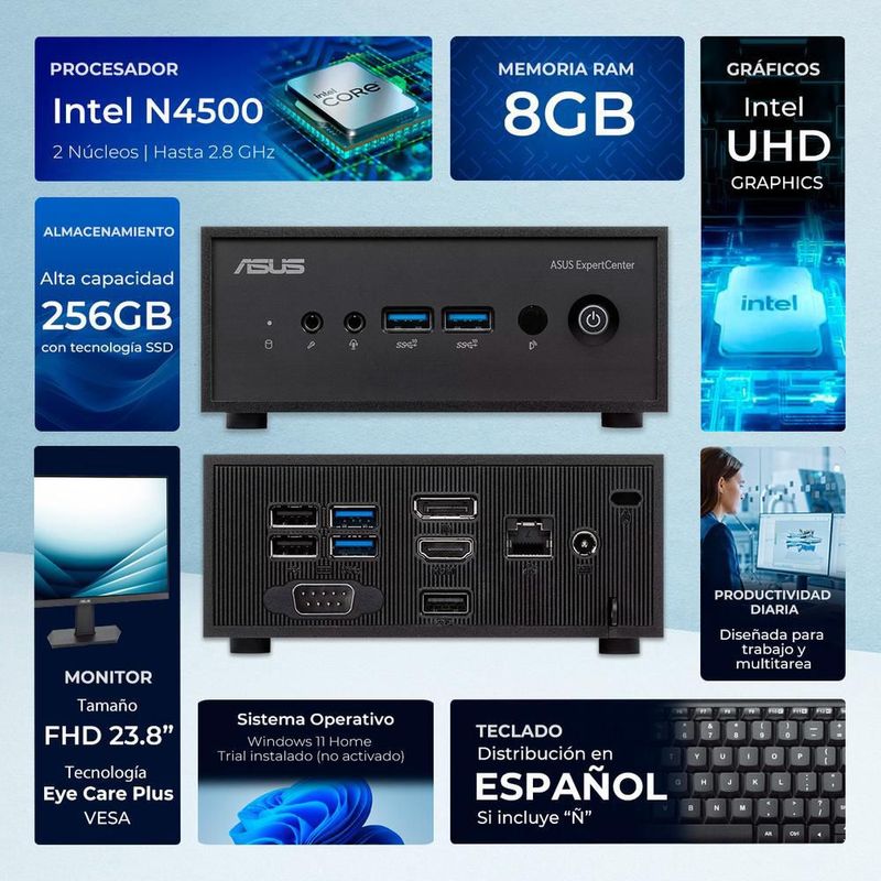 Computadora escritorio mini pc asus n4500 8gb 256gb 24" kit