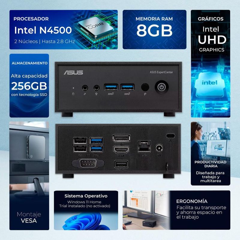 Computadora escritorio mini pc asus pn42 n4500 8gb ssd 256gb