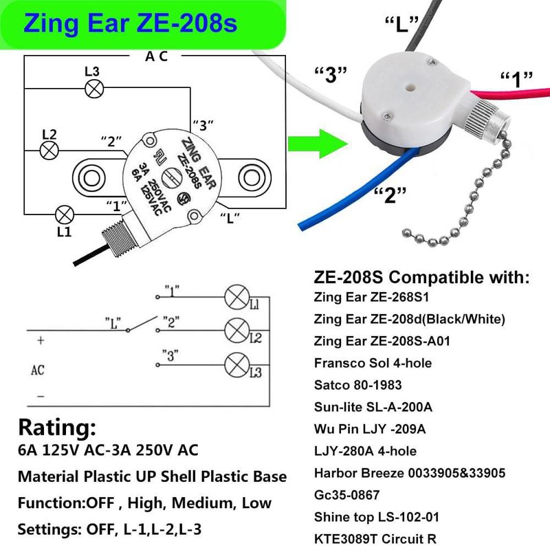 Interruptor de cadena para ventilador de techo PaeorRorL ZE-208s 3 velocidades 4 cables