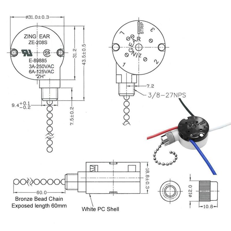 Interruptor de cadena para ventilador de techo PaeorRorL ZE-208s 3 velocidades 4 cables