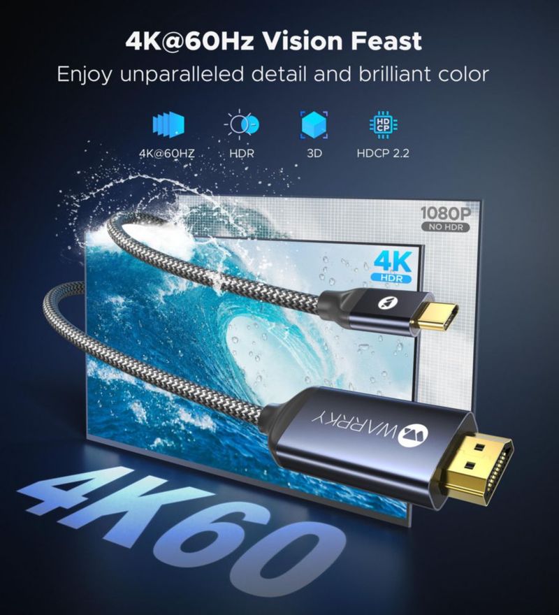 Cable USB C a HDMI Warky de 1 m (4K @60Hz) Tipo-C a HDMI 2.0