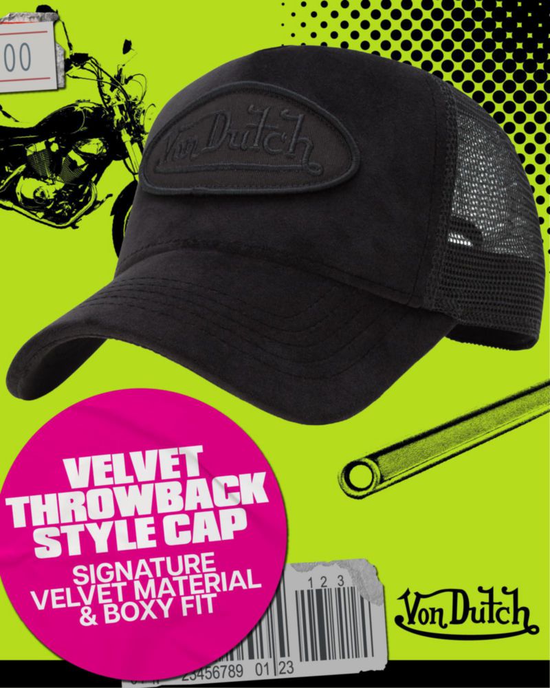 Gorra tipo trucker Von Dutch de terciopelo con cierre snapback y panel trasero de malla