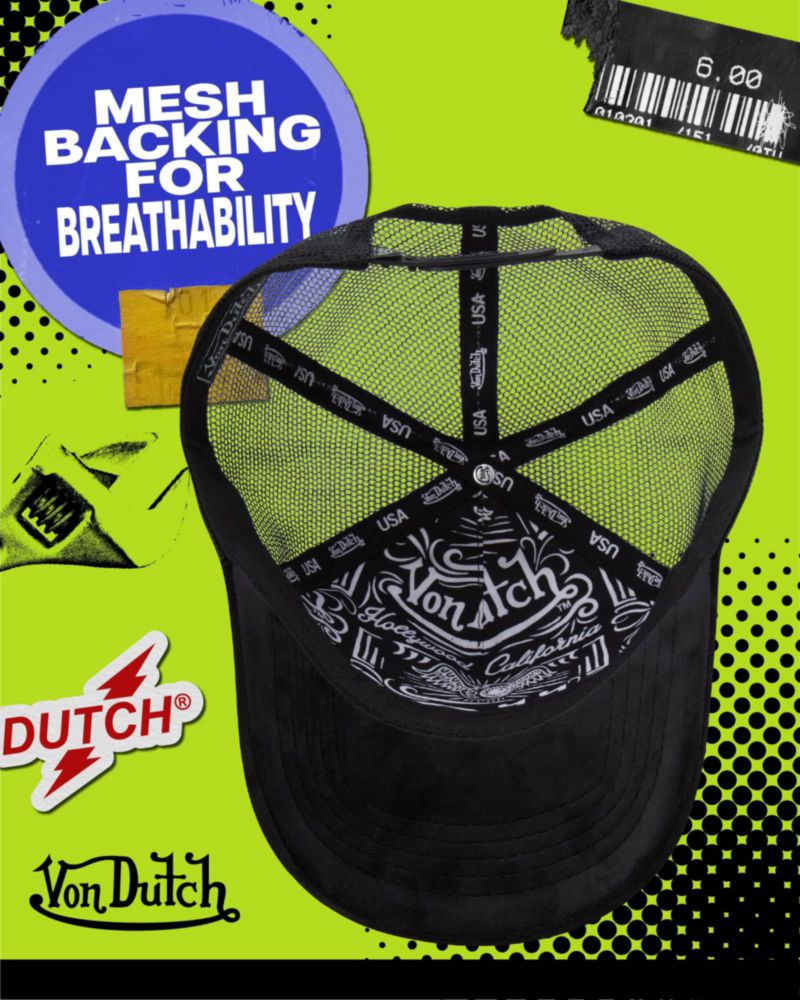 Gorra tipo trucker Von Dutch de terciopelo con cierre snapback y panel trasero de malla