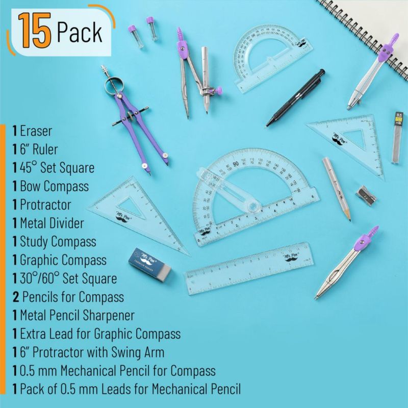 Juego de geometría Mr. Pen de 15 piezas con transportador de 152 cm y divisor