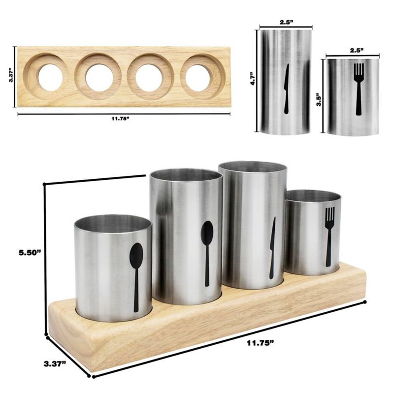 Porta Utensilios Sorbus 30 cm Acero Inoxidable con Base de Bambú