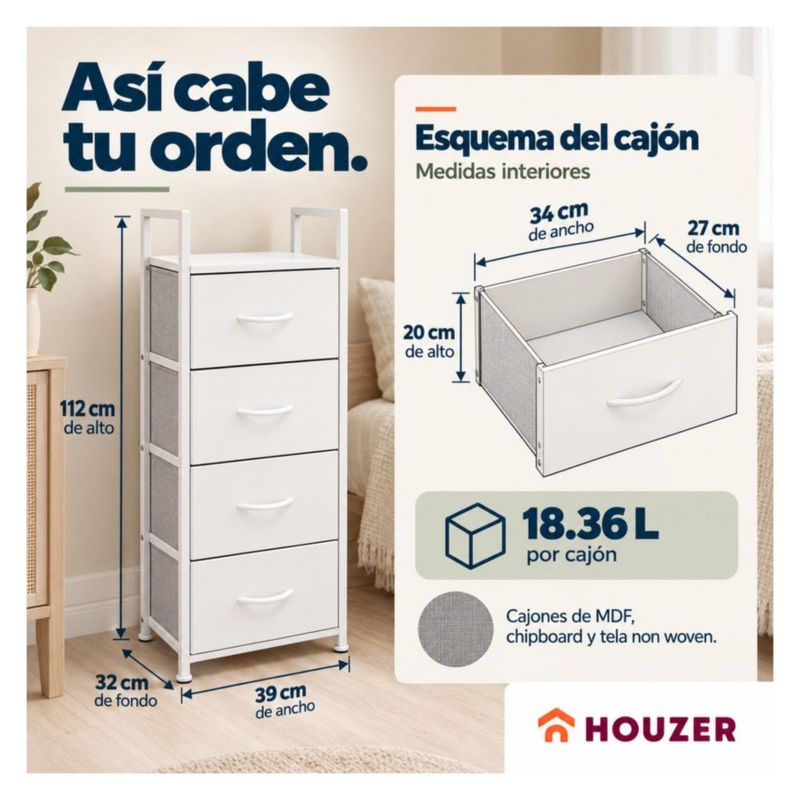 Comoda Cajonera Vertical 4 Cajones Organizador Ropa Recamara Nordico