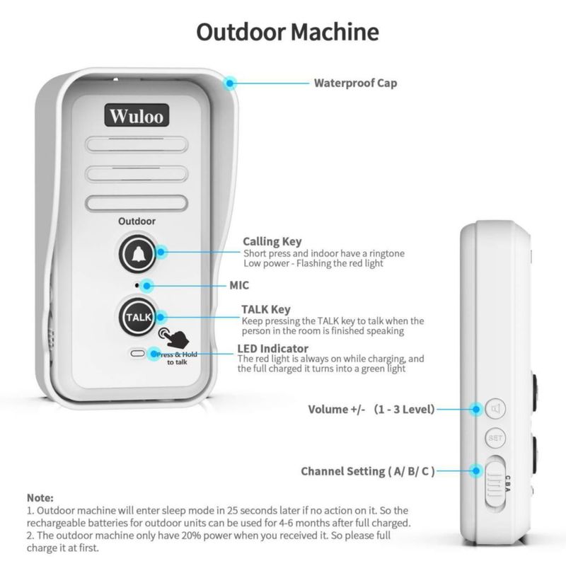 Timbre inalámbrico con intercomunicador Wuloo 1T1 impermeable 800 m
